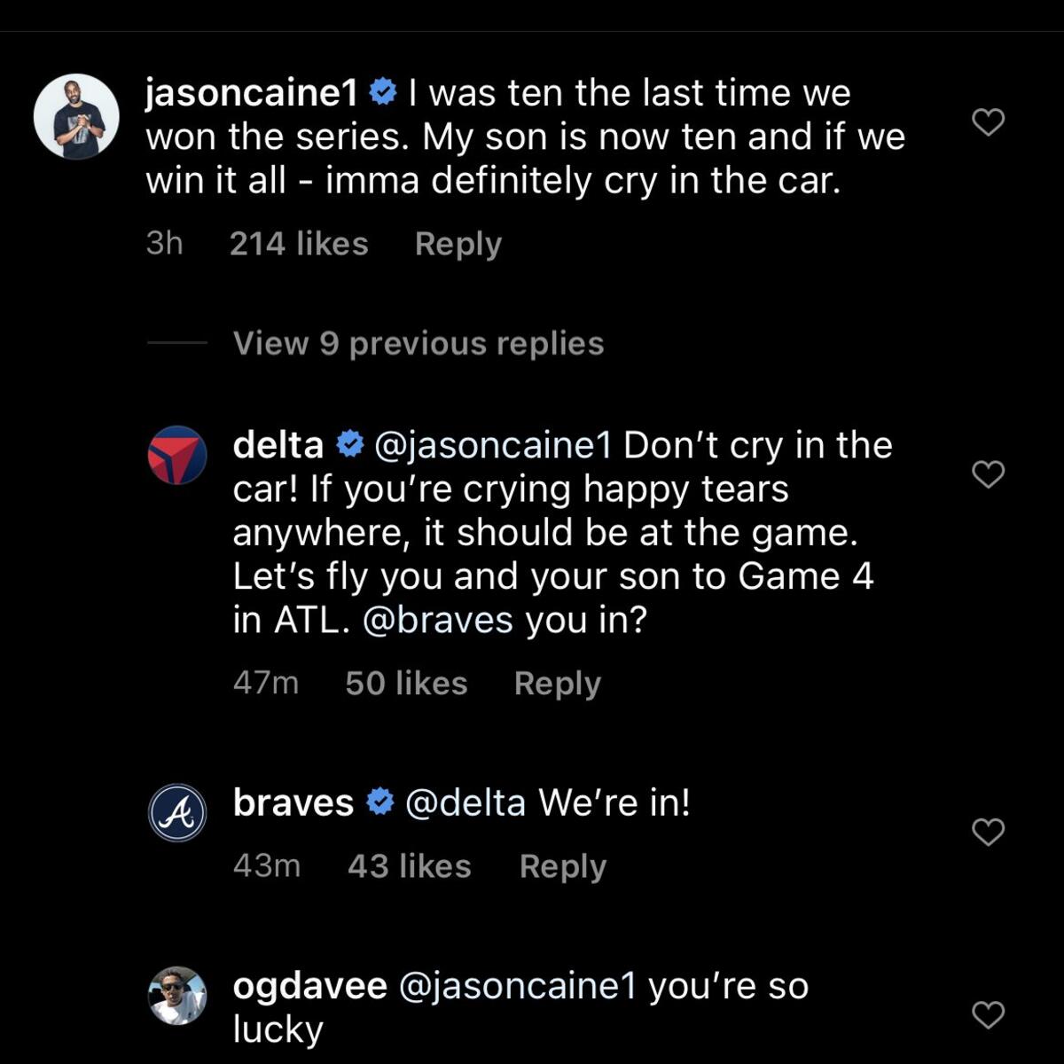 Jason Caine Atlanta Braves Fan Surprise and Delight Twitter