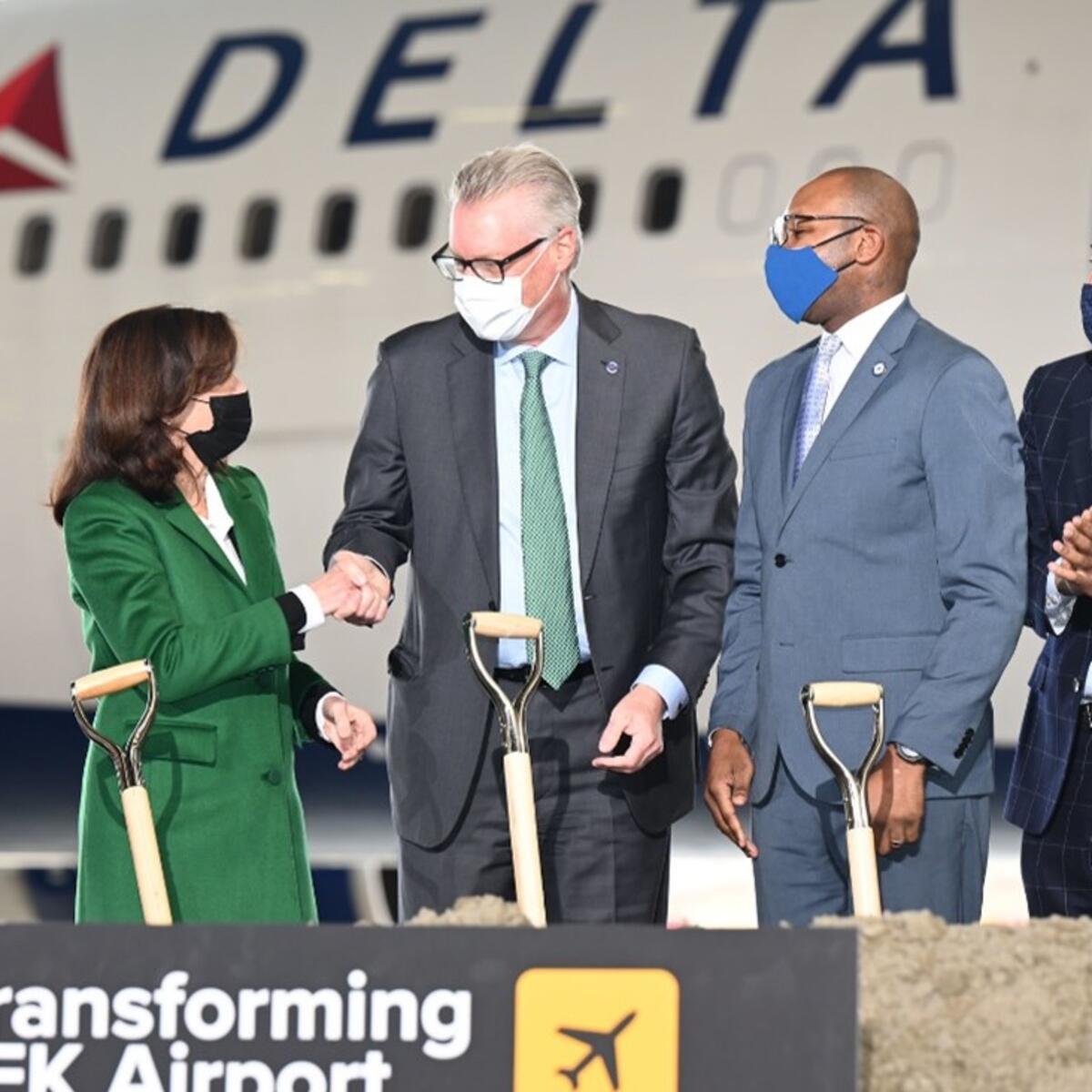 Ed Bastian joins New York officials at JFK.
