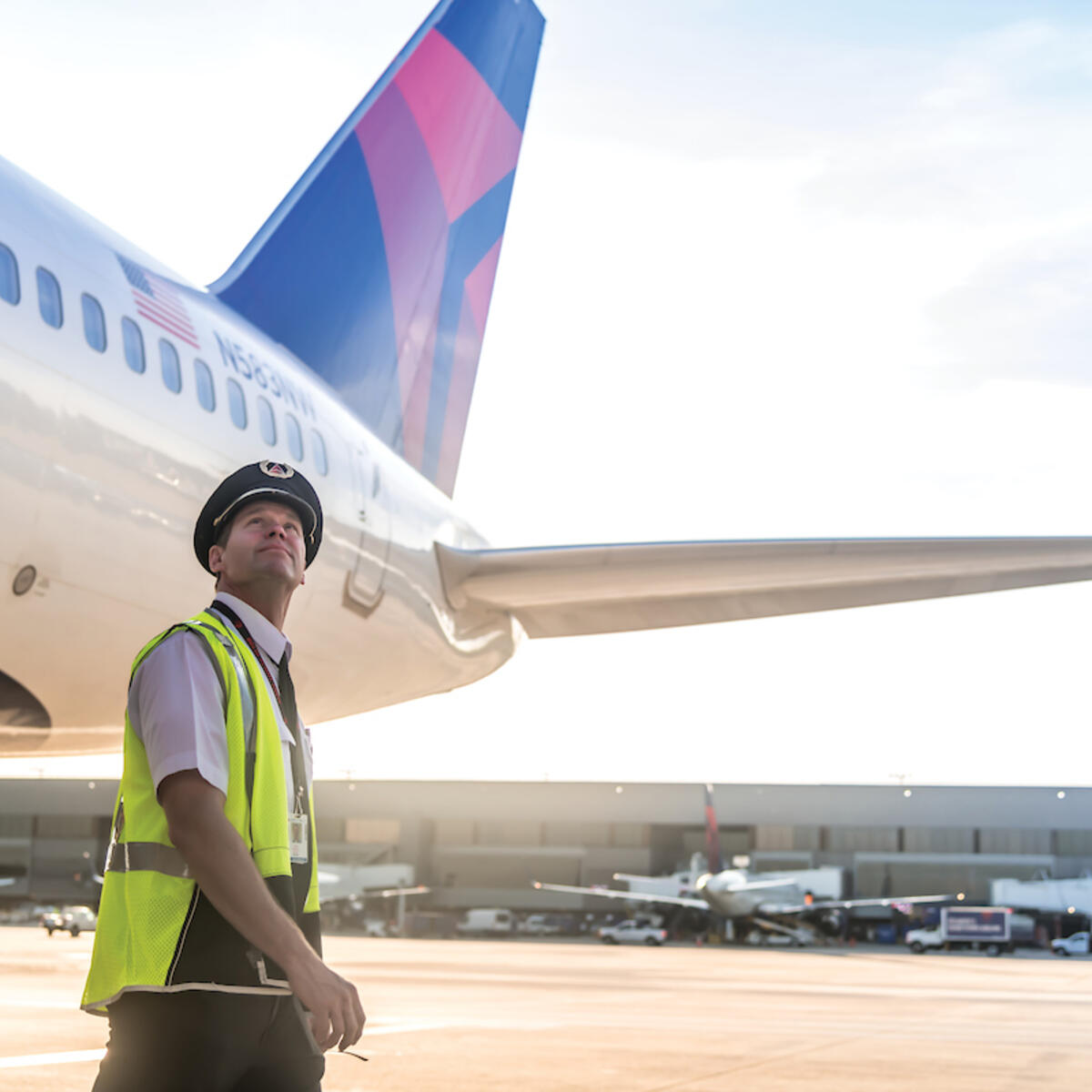 A pilot inspects a 757