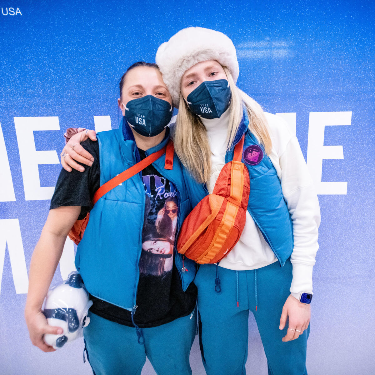 Freestyle skiiers Darian Stevens and Maggie Voisin pose for a portrait as Team USA athletes arrive at Salt Lake City International Airport in Salt Lake City, Utah on Monday, February 21, 2022.
