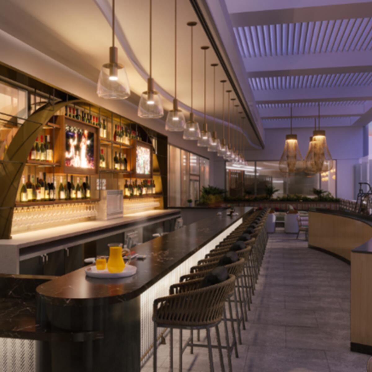 Rendering of Delta's new Sky Club at LAX, which will feature a bar that extends from inside to the year-round, outdoor Sky Deck. 