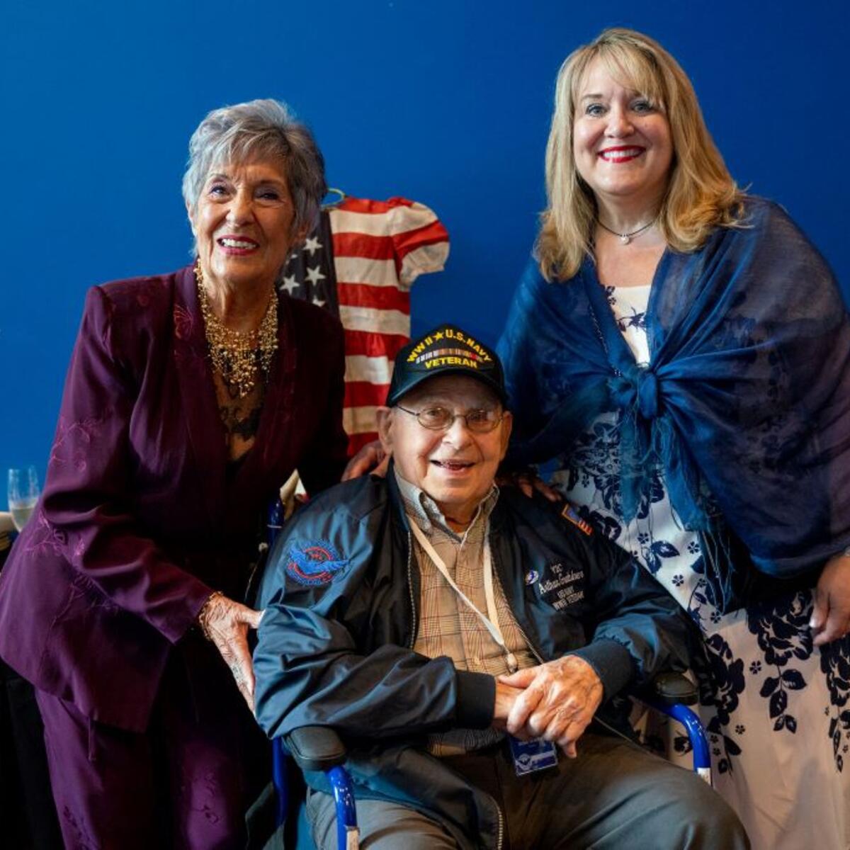 Pictured from left to right: Dany Patrix Boucherie, WWII veteran Arthur Grabiner, Christian Taylor