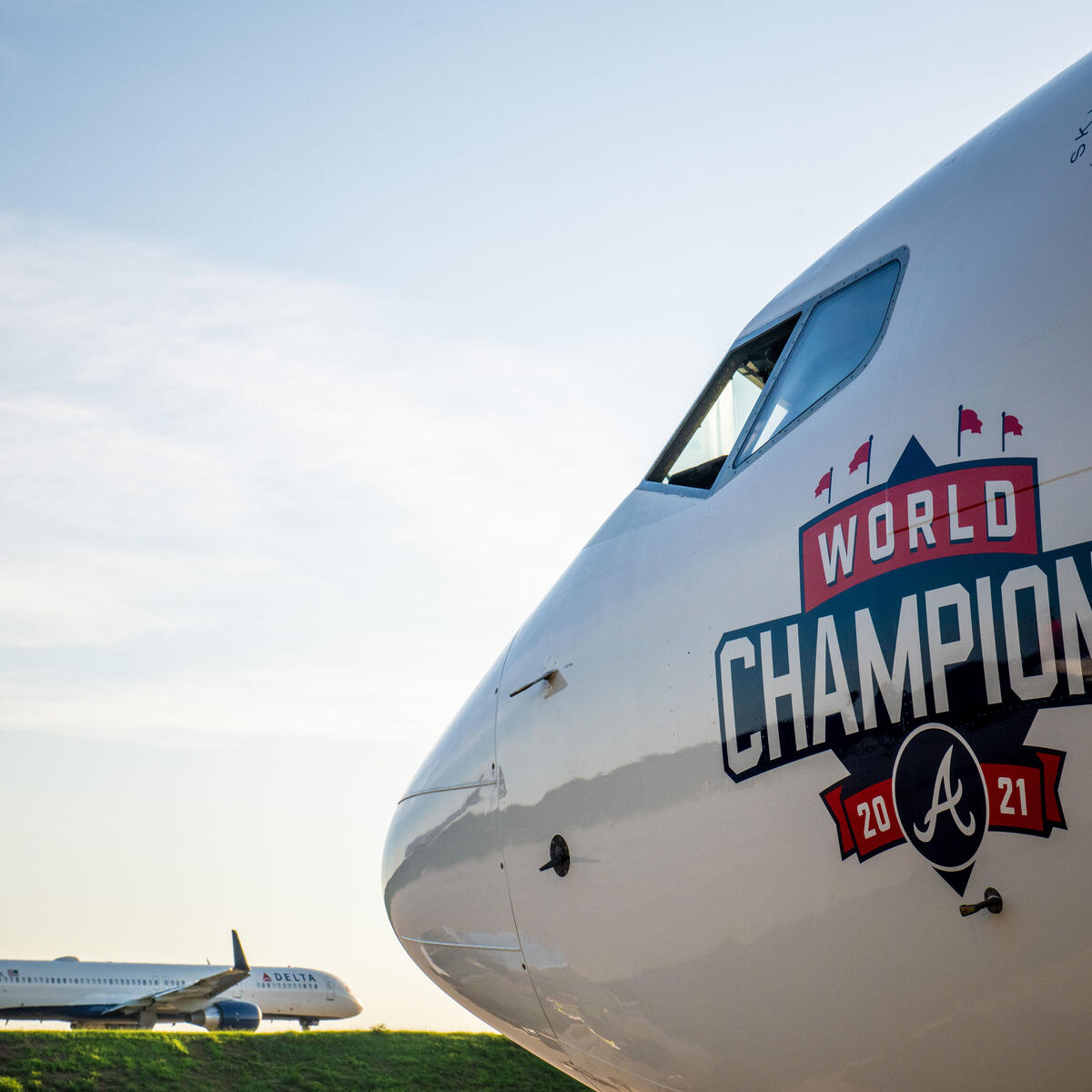 Delta's "World Champions" plane honoring the Atlanta Braves.