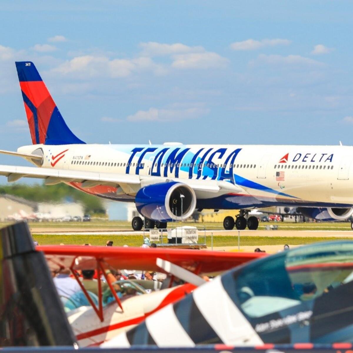 Delta’s Team USA A330-900neo taking off for its flight demonstration
