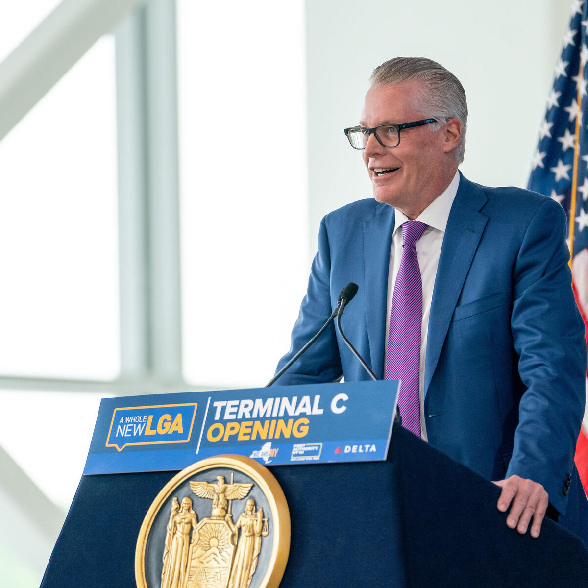 Delta CEO Ed Bastian speaking at the opening of the new Delta terminal at LaGuardia