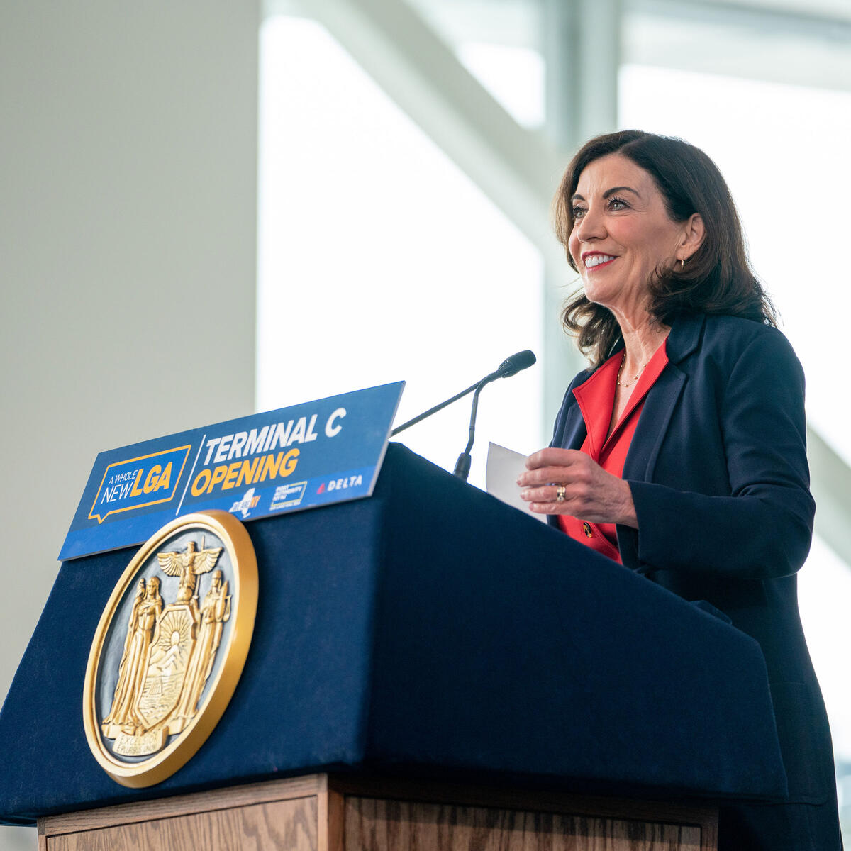 NY Governor Kathy Hochul at opening of new Delta terminal at LaGuardia