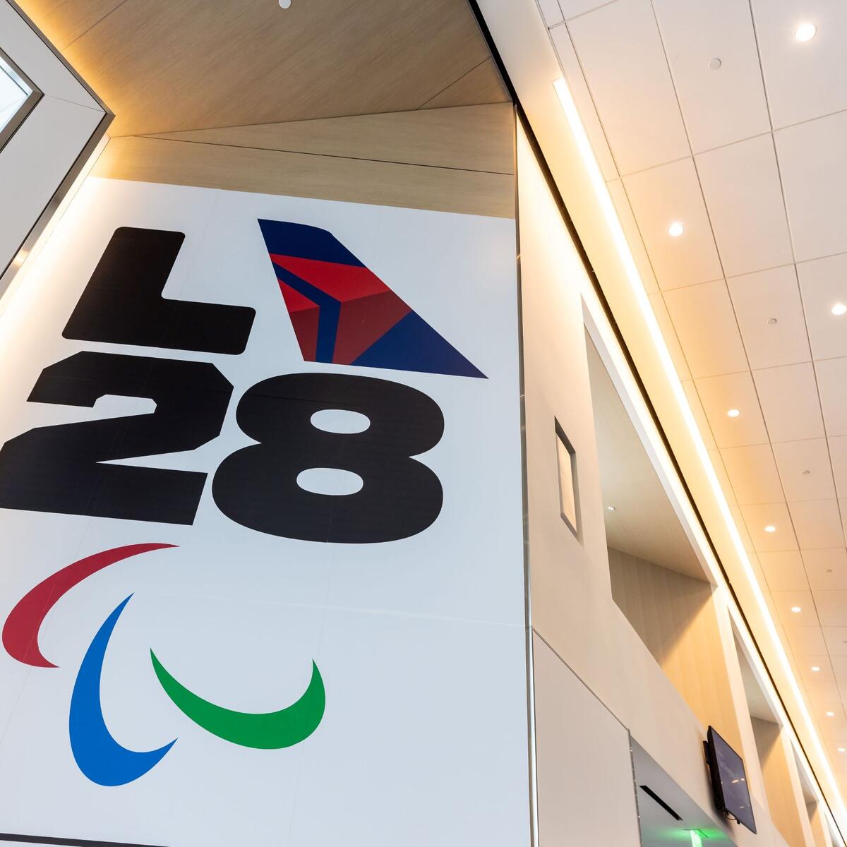 The cocreated LA28 logo is displayed at LAX on Sept. 29, 2022.