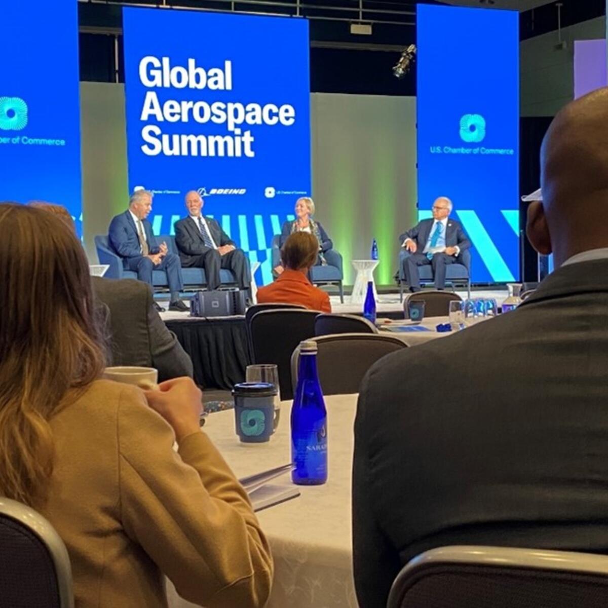 Capt. Patrick Burns speaks on a panel at the U.S. Chamber of Commerce Global Aerospace Summit in September 2022.