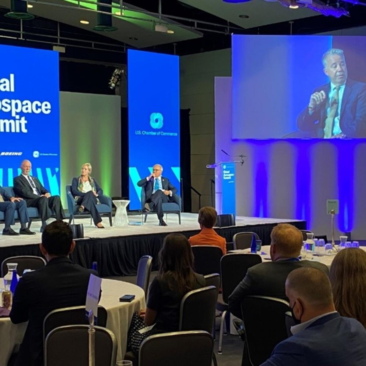 Capt. Patrick Burns speaks on a panel at the U.S. Chamber of Commerce Global Aerospace Summit in September 2022.