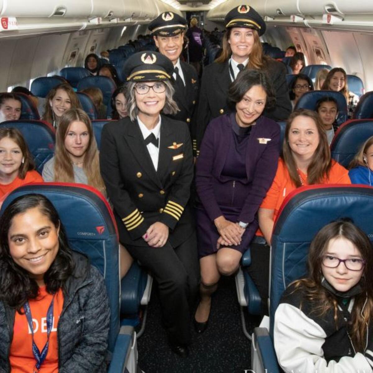 In honor of International Girls in Aviation Day, 130 girls ages 12-18 took flight on a Delta aircraft piloted, staffed and crewed entirely by women as they learned about careers in aviation and aerospace. 