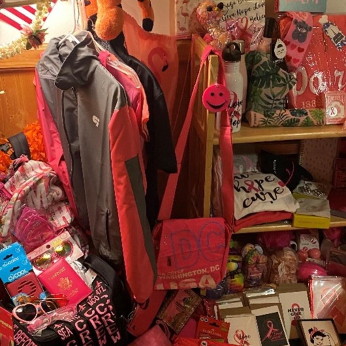 An example of the breast cancer awareness-related trinkets handed out in-flight by flight attendant Robin Schmidt.