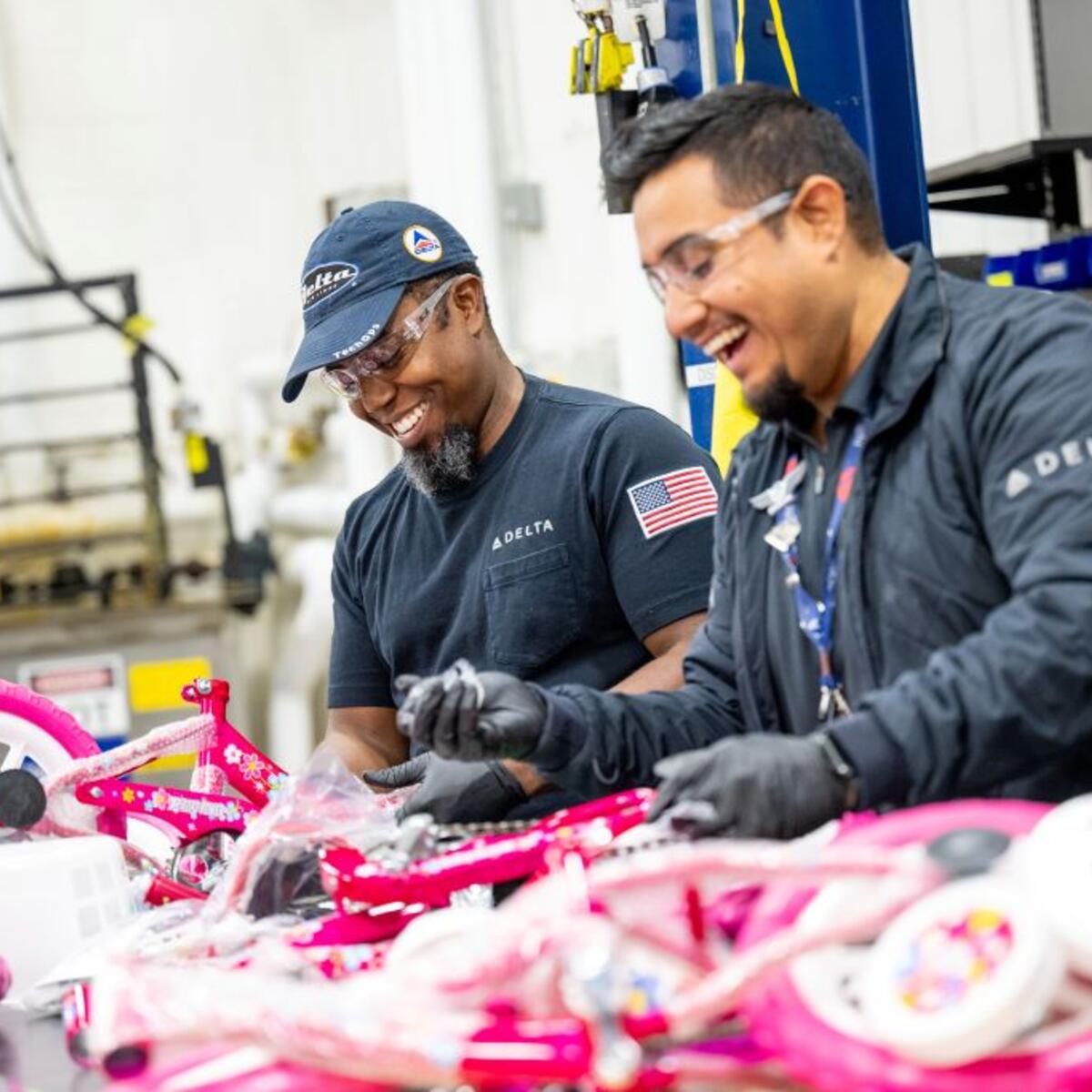 Delta people from TechOps, In-Flight Service, Global Sales, Finance, IT and Flight Operations rallied to purchase and assemble bicycles, as well as rally toy and money donations to support Toys for Tots.