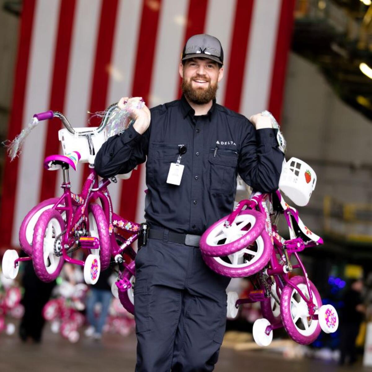 Delta people from TechOps, In-Flight Service, Global Sales, Finance, IT and Flight Operations rallied to purchase and assemble bicycles, as well as rally toy and money donations to support Toys for Tots.
