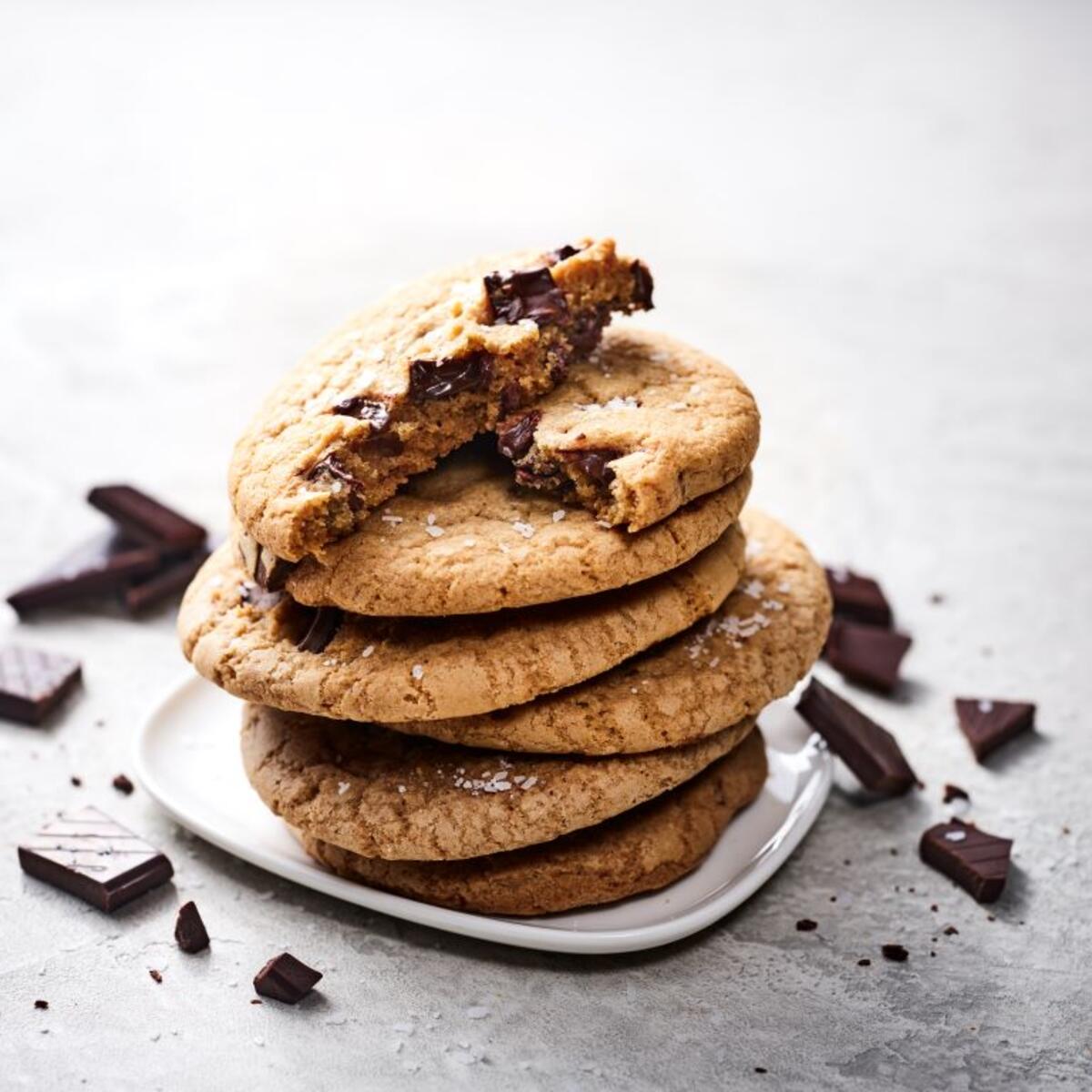 A stack of chocolate chunk and sea salt cookies from Bell's Cookie Co.