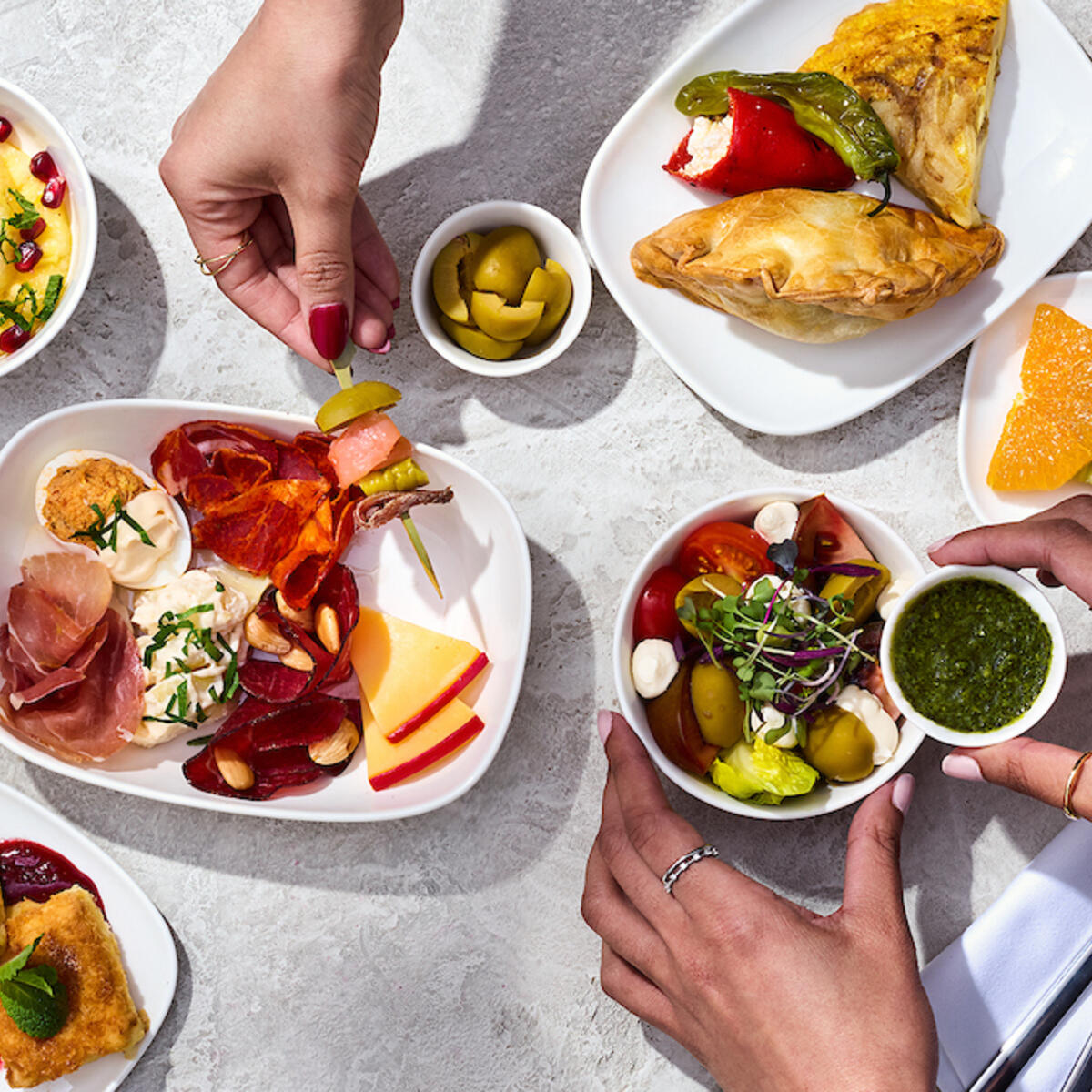 An array of Spanish tapas offered in Delta One as part of the pre-arrival menu selections.