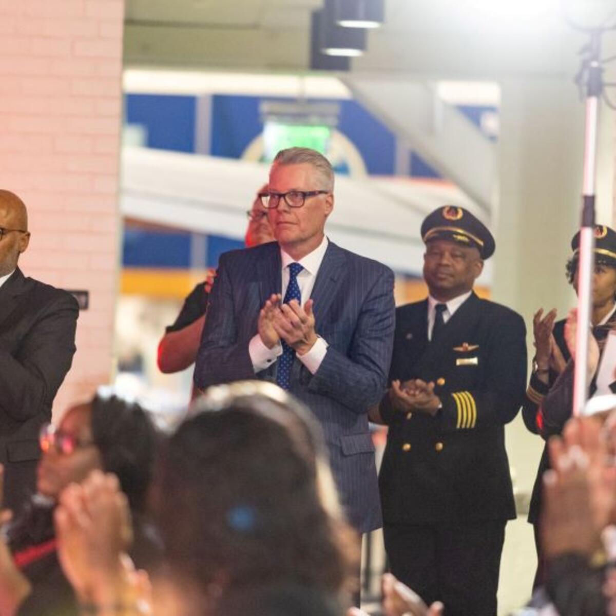 Delta CEO Ed Bastian stands alongside OneTen CEO Maurice Jones at the Delta Flight Musuem, introducing Delta’s formal commitment to OneTen as the Atlanta City Lead.  