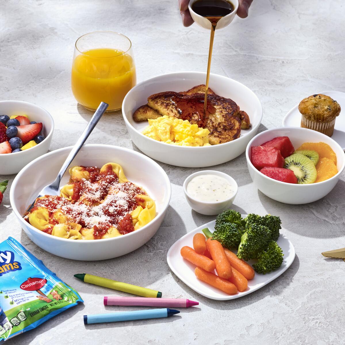 Kids meal available on Delta One features well-balanced choices that include a variety of fruits, vegetables, colors and textures.