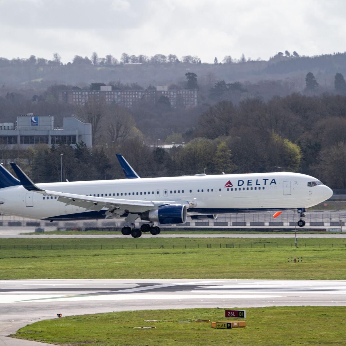 A Delta Boeing 767 lands at London's Gatwick Airport (LGW).