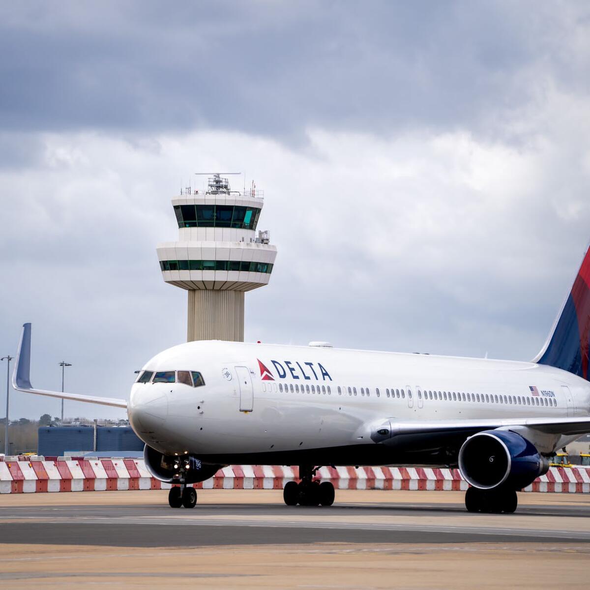 A Delta Air Lines Boeing 767 taxis at London's Gatwick Airport (LGW).