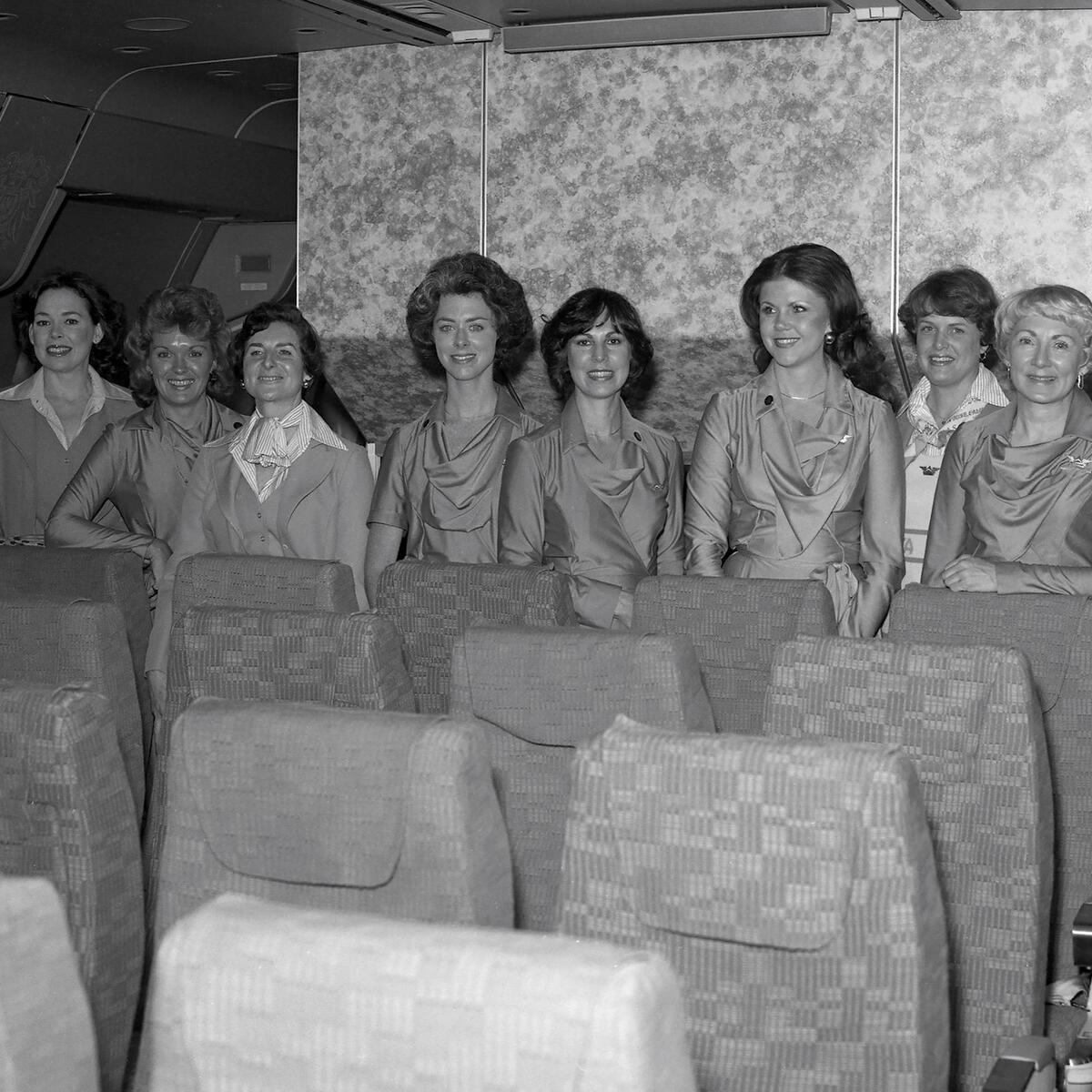 The flight attendants on Delta's inaugural flight to London Gatwick Airport from Atlanta on April 30, 1978.
