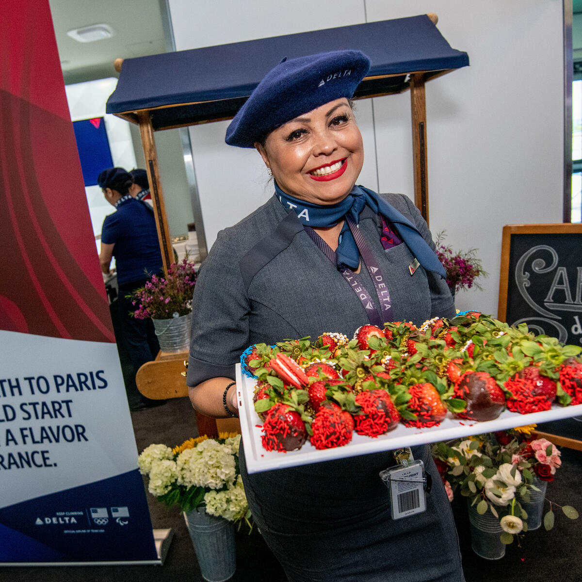 Delta people, customers and friends celebrate the departure of Delta Flight 290 from Los Angeles International Airport (LAX) to Paris Charles de Gaulle Airport (CDG).