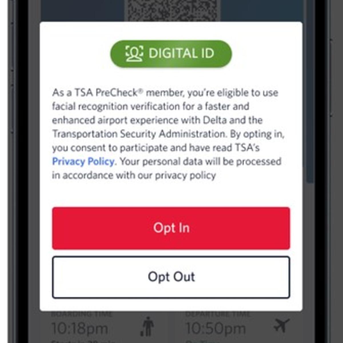 A screen on a phone showing Delta's Digital ID opt-in.