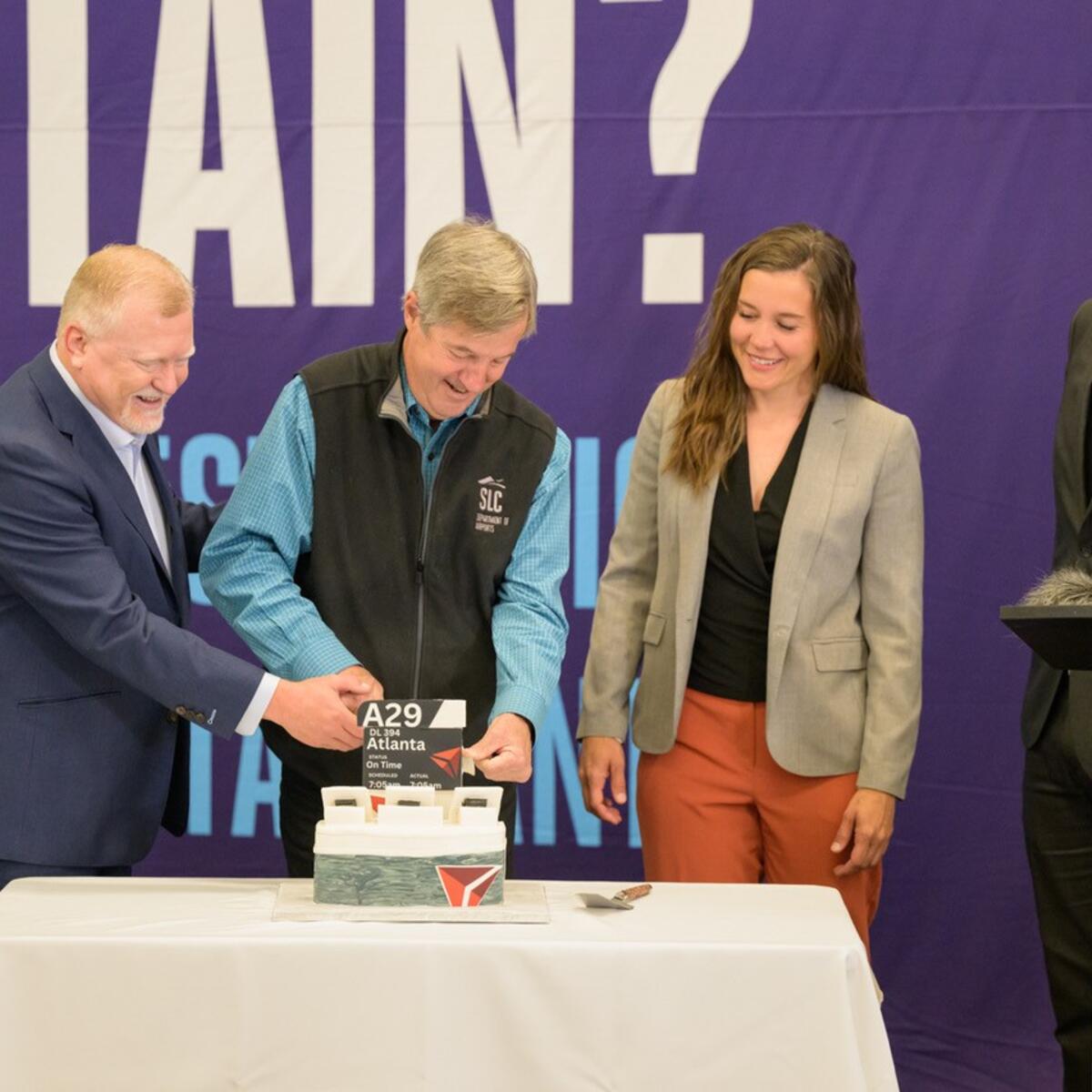 Officials participate in a ribbon-cutting ceremony at SLC on May 16, 2023. Delta’s growth continues at Salt Lake City International Airport with the opening of five additional gates this week, following the initial launch of a new 900,000-square-foot Concourse A in Sept. 2020.
