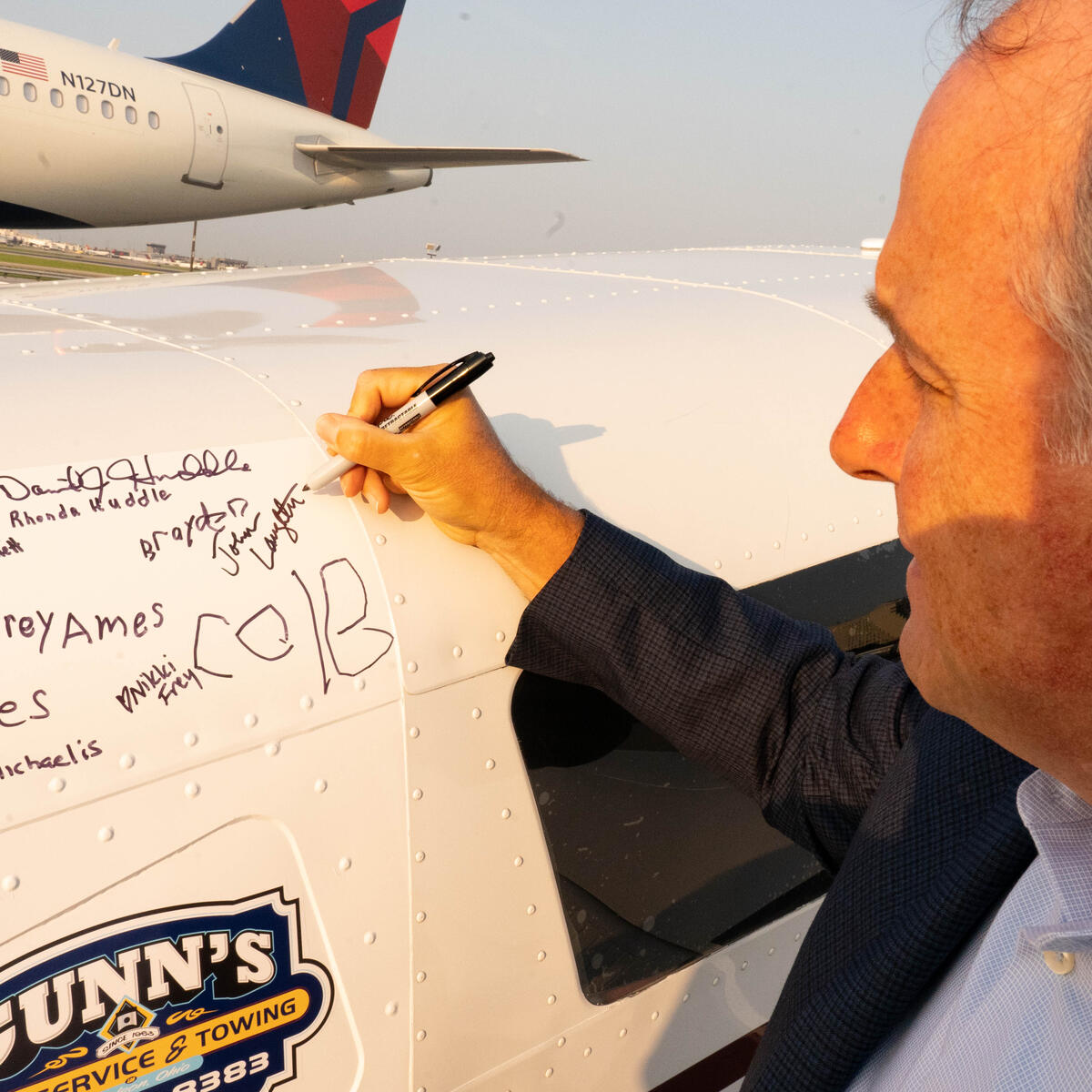 Pilots Barry Behnfeldt and Aaron Wilson, along with maintenance technician Thomas Twiddy make a stop at Hartsfield-Jackson Atlanta International Airport (ATL) during their 48N48 mission -- an attempt to land in all 48 of the contiguous states within 48 hours. They were greeted by Delta Chief of Operations John Laughter.