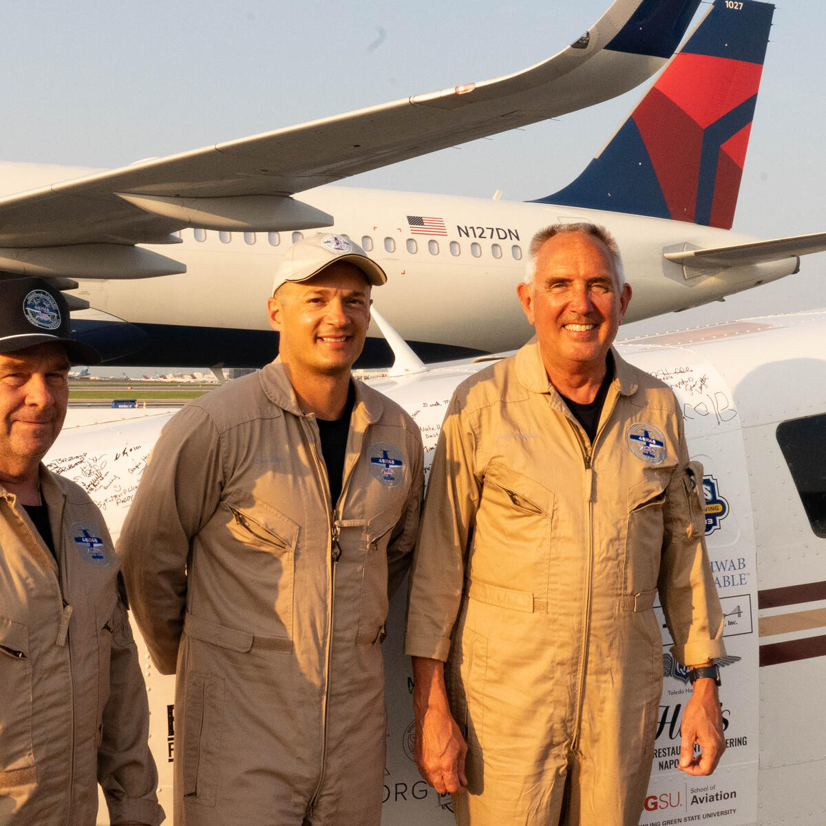 Pilots Barry Behnfeldt and Aaron Wilson, along with maintenance technician Thomas Twiddy make a stop at Hartsfield-Jackson Atlanta International Airport (ATL) during their 48N48 mission -- an attempt to land in all 48 of the contiguous states within 48 hours. They were greeted by Delta Chief of Operations John Laughter.
