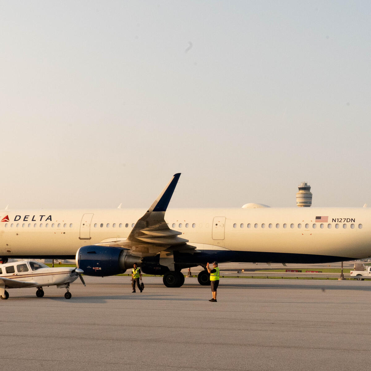 Pilots Barry Behnfeldt and Aaron Wilson, along with maintenance technician Thomas Twiddy make a stop at Hartsfield-Jackson Atlanta International Airport (ATL) during their 48N48 mission -- an attempt to land in all 48 of the contiguous states within 48 hours. They were greeted by Delta Chief of Operations John Laughter.