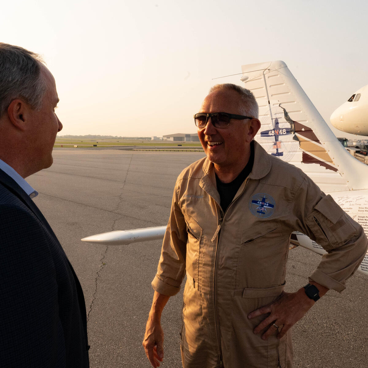 Pilots Barry Behnfeldt and Aaron Wilson, along with maintenance technician Thomas Twiddy make a stop at Hartsfield-Jackson Atlanta International Airport (ATL) during their 48N48 mission -- an attempt to land in all 48 of the contiguous states within 48 hours. They were greeted by Delta Chief of Operations John Laughter.