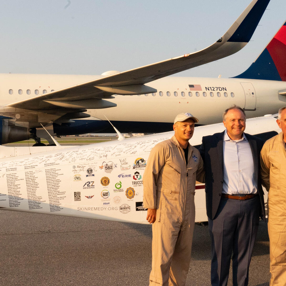 Pilots Barry Behnfeldt and Aaron Wilson, along with maintenance technician Thomas Twiddy make a stop at Hartsfield-Jackson Atlanta International Airport (ATL) during their 48N48 mission -- an attempt to land in all 48 of the contiguous states within 48 hours. They were greeted by Delta Chief of Operations John Laughter.