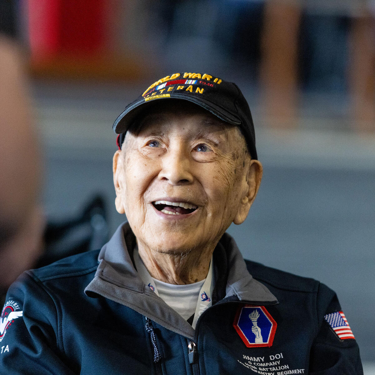 WWII veteran Jimmy Doi arrives at Hartsfield-Jackson Atlanta International Airport to board a flight to Normandy, France, for the 79th annual commemoration of the 1944 D-Day invasion.  