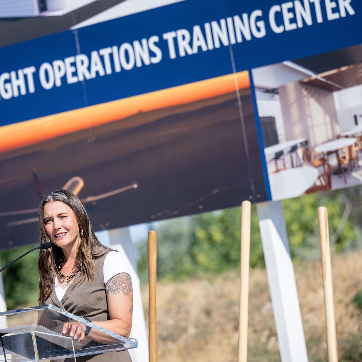 Salt Lake City Mayor Erin Mendenhall speaks at the groundbreaking of Delta's new pilot training facility in its key Mountain West hub, Salt Lake City.