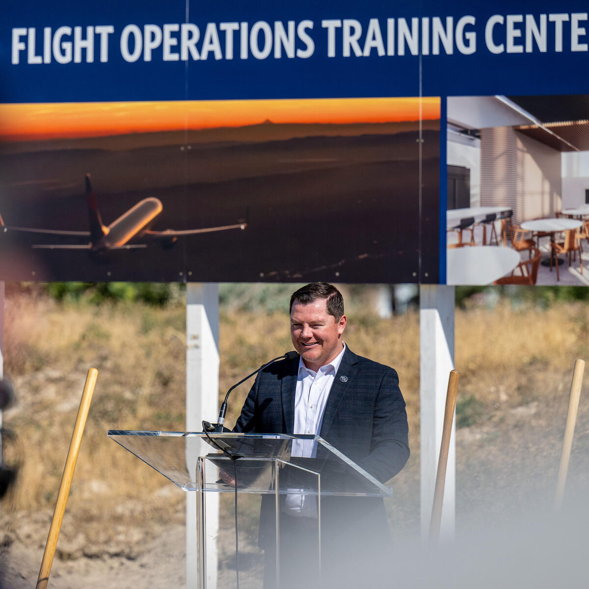 Ryan Starks, Executive Director at Utah Governor's Office of Economic Opportunity, speaks at the groundbreaking of Delta's new pilot training center in Salt Lake City.
