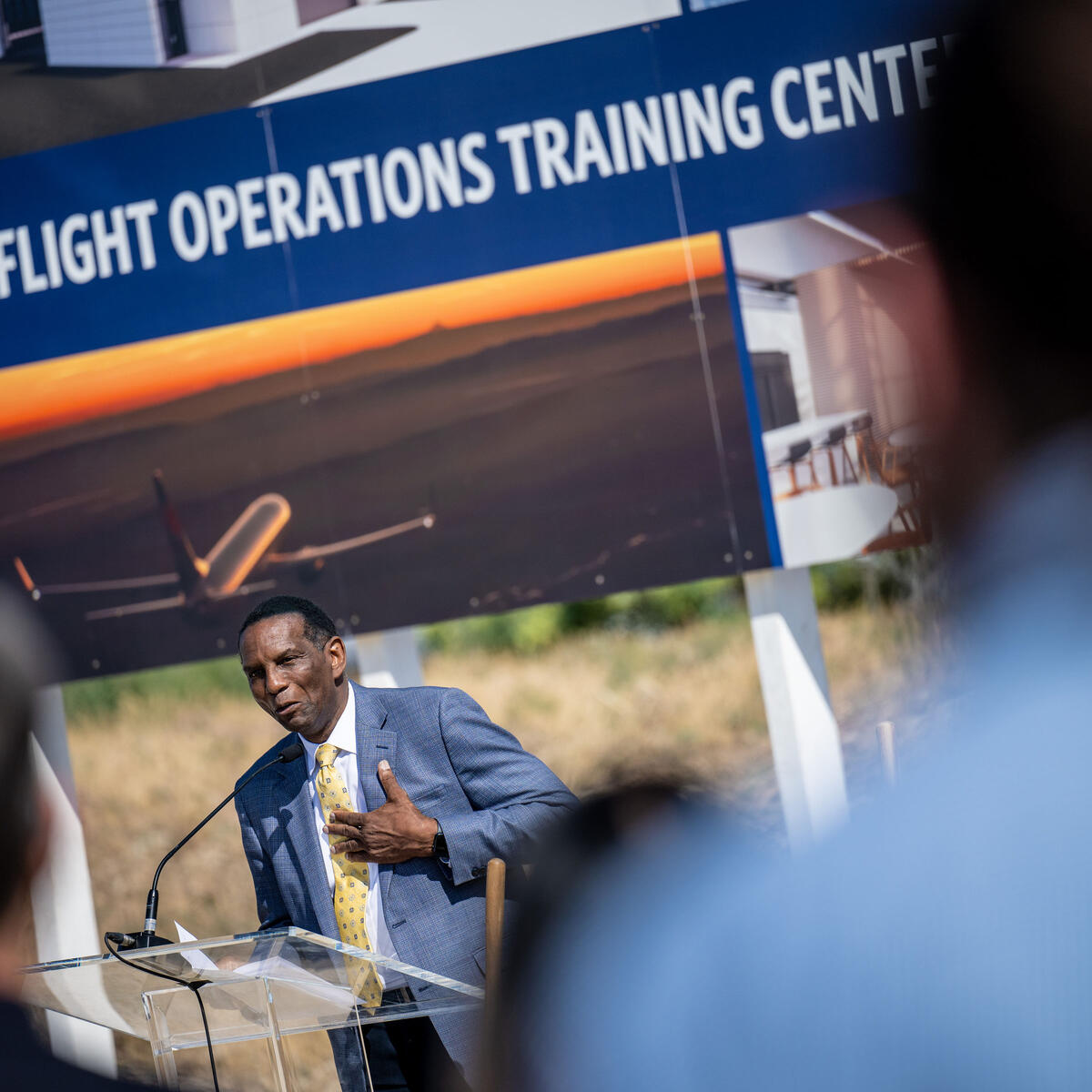 Utah representative Burgess Owens speaks at the groundbreaking of Delta's new pilot training facility in Salt Lake City.