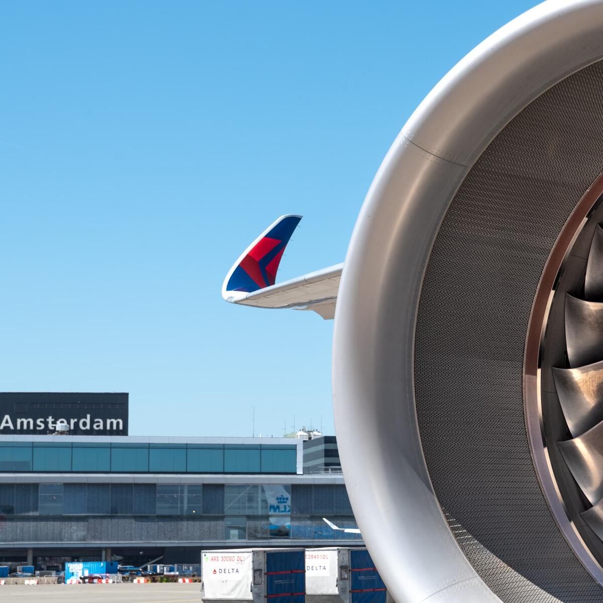 The engine of a Delta Airbus A350 is seen at Amsterdam Airport Schiphol (AMS).