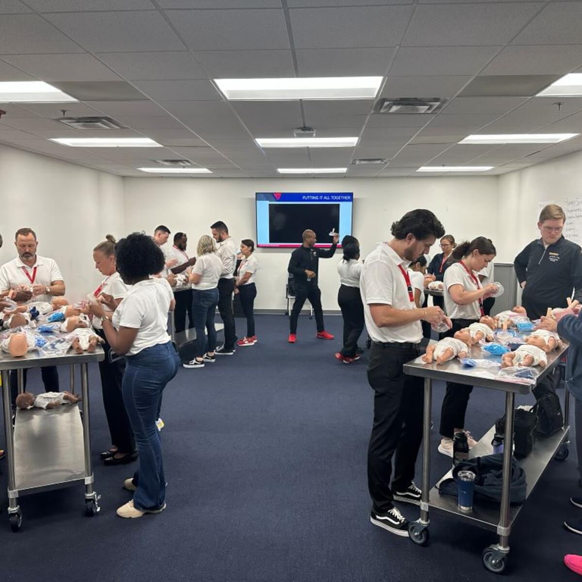 Delta flight attendant trainees receiving classroom instruction.