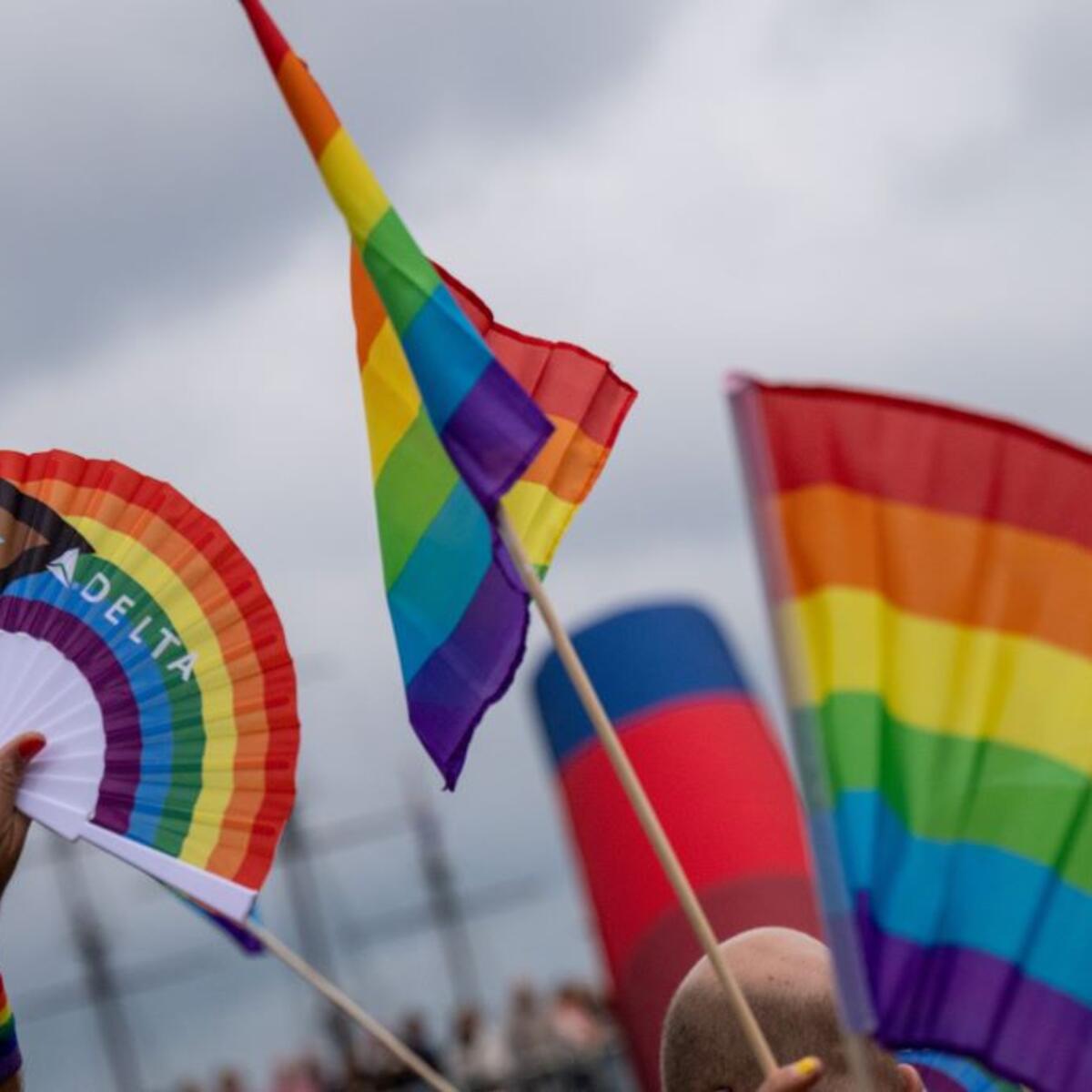 Pride flags with the Delta logo flown at the Amsterdam Canal Parade