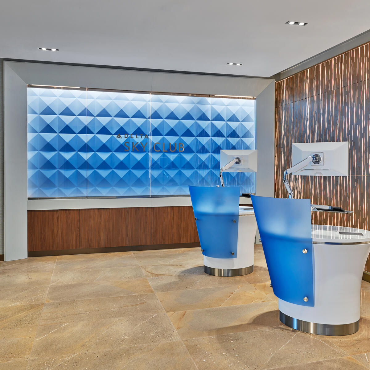 The entry lounge for Delta's fifth and final new location of the year at Newark’s Terminal A.