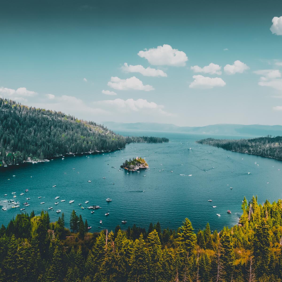 Boats on the water at Emerald Bay State Park in South Lake Tahoe
