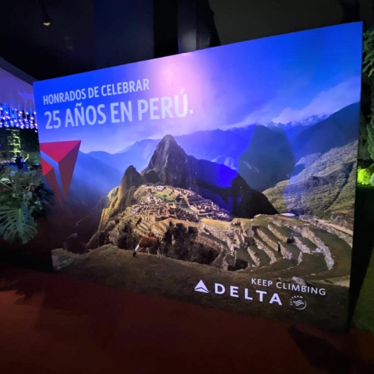 Signage at Delta's event for 25 years of service to Peru
