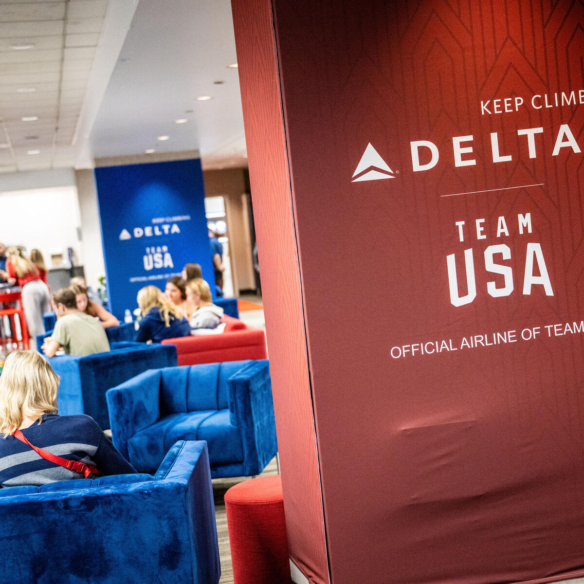 Delta's customized Team USA athlete lounge in the ATL International Terminal.