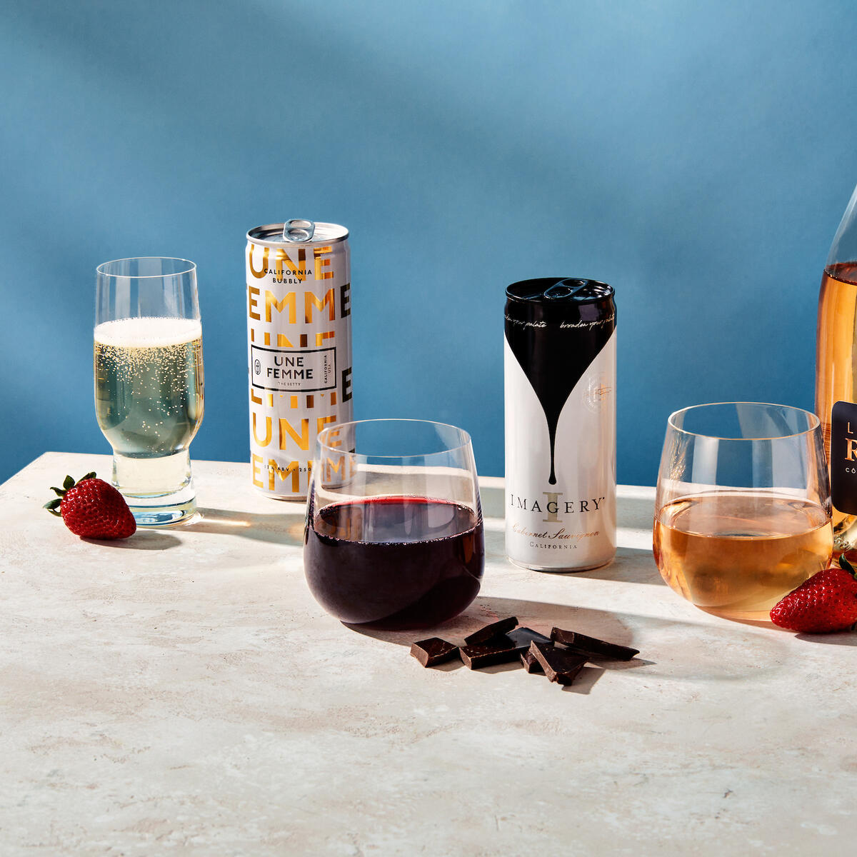 A lineup of some of the wines offered on domestic routes, including Une Femme and Imagery Estates wine.
