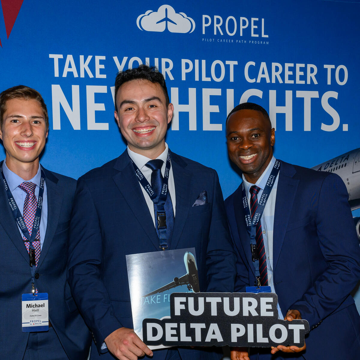 Delta employees Michael Hiett, Andres Martinez and Kermit Obeng join Delta's 2023 Propel Company Path class.