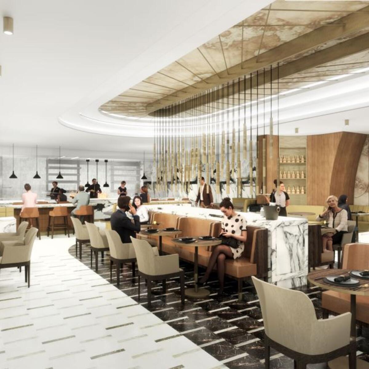 A rendering of the eating space at the new JFK Premium Lounge