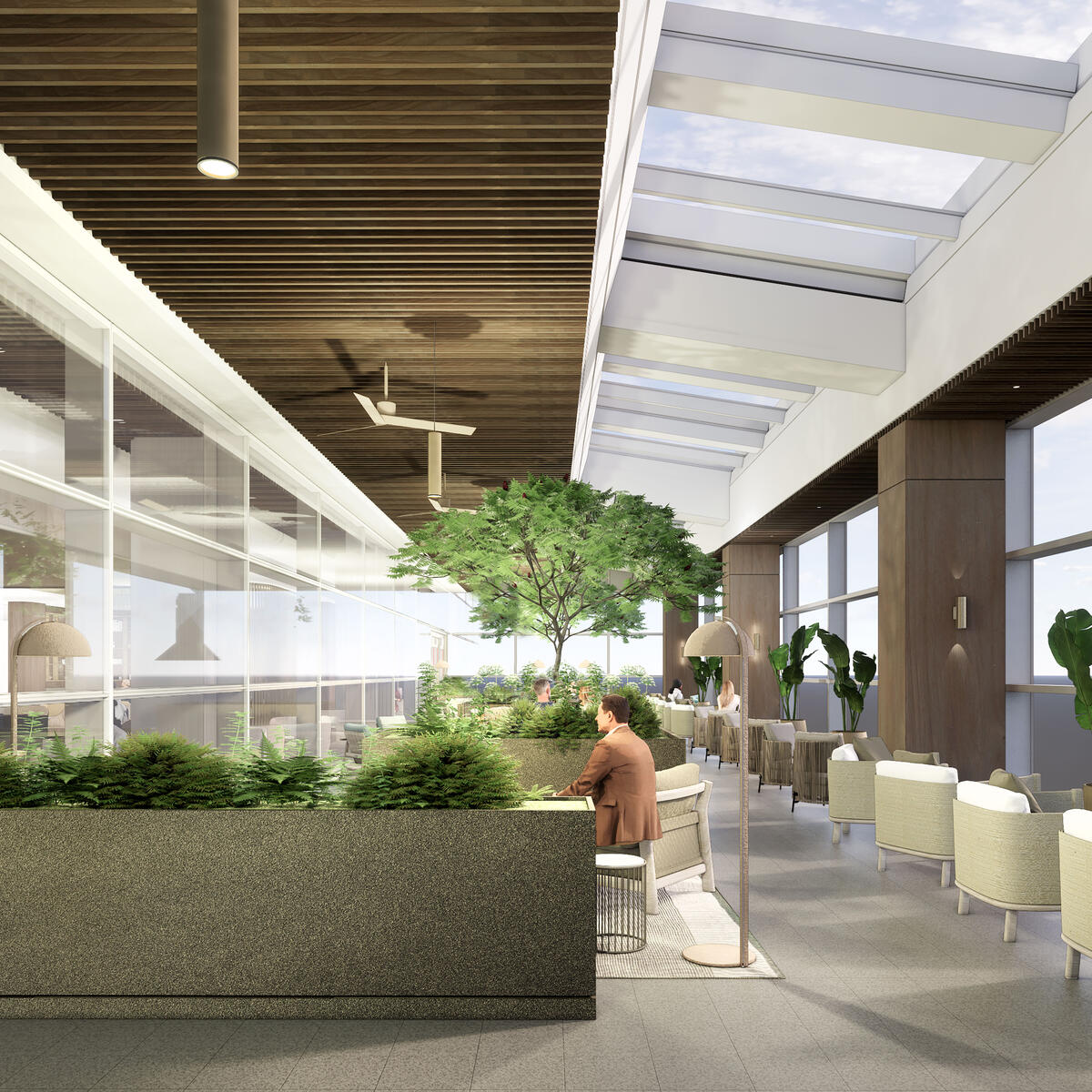 A rendering of the terrace at the new JFK Premium Lounge