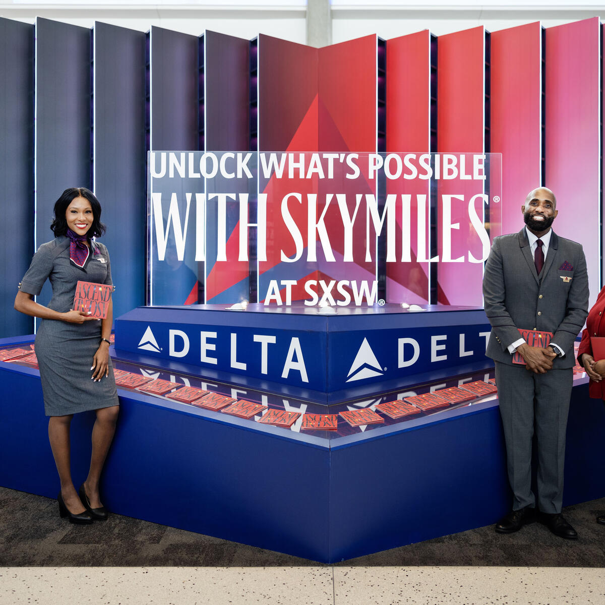 Austin-based Delta Air Lines flight attendants and Red Coats cheerfully welcomed visitors to SXSW 2024 outside of gate 10 from Thursday, March 7, through Wednesday, March 13 at Austin-Bergstrom International Airport, with an invitation to grab a copy of Delta's curated guide to navigating SXSW 2024.