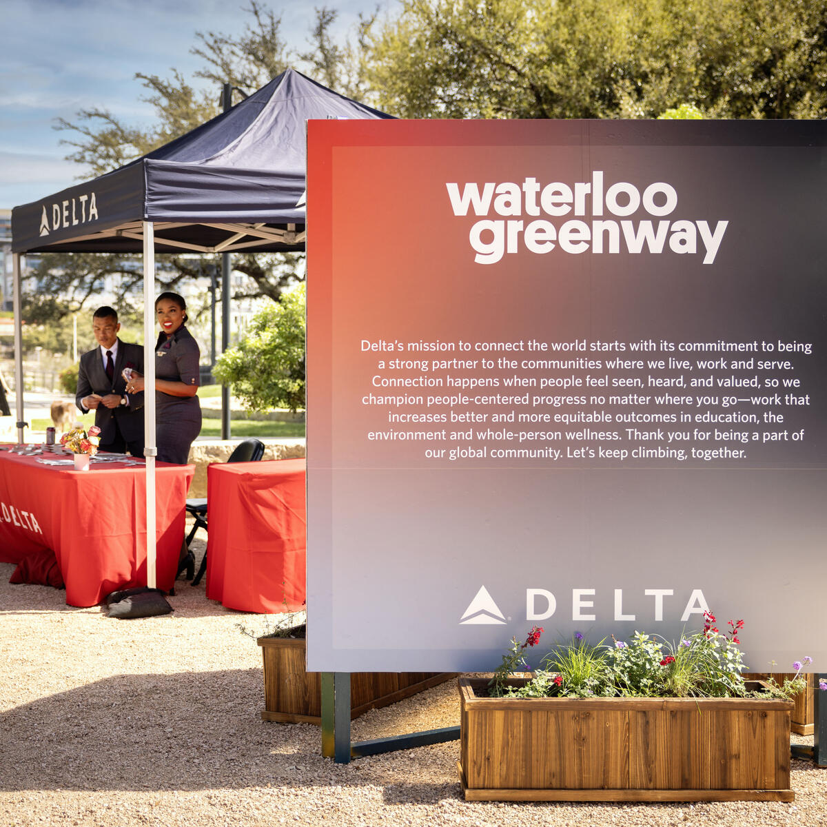 Delta Air Lines signage welcomes visitors to the pop-up market and mural unveiling event, in partnership with Future Front Texas and Waterloo Greenway on&nbsp;Sunday, March 10, at Meredith Heritage Tree Deck in Waterloo Park.