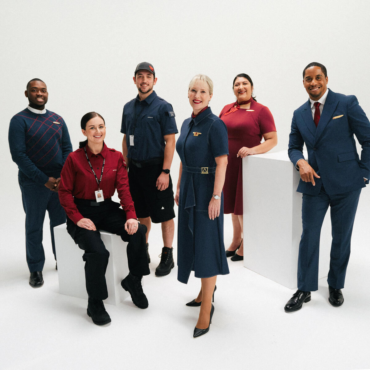 A group shot of the prototypes for Delta's all-new, modern uniform collection.